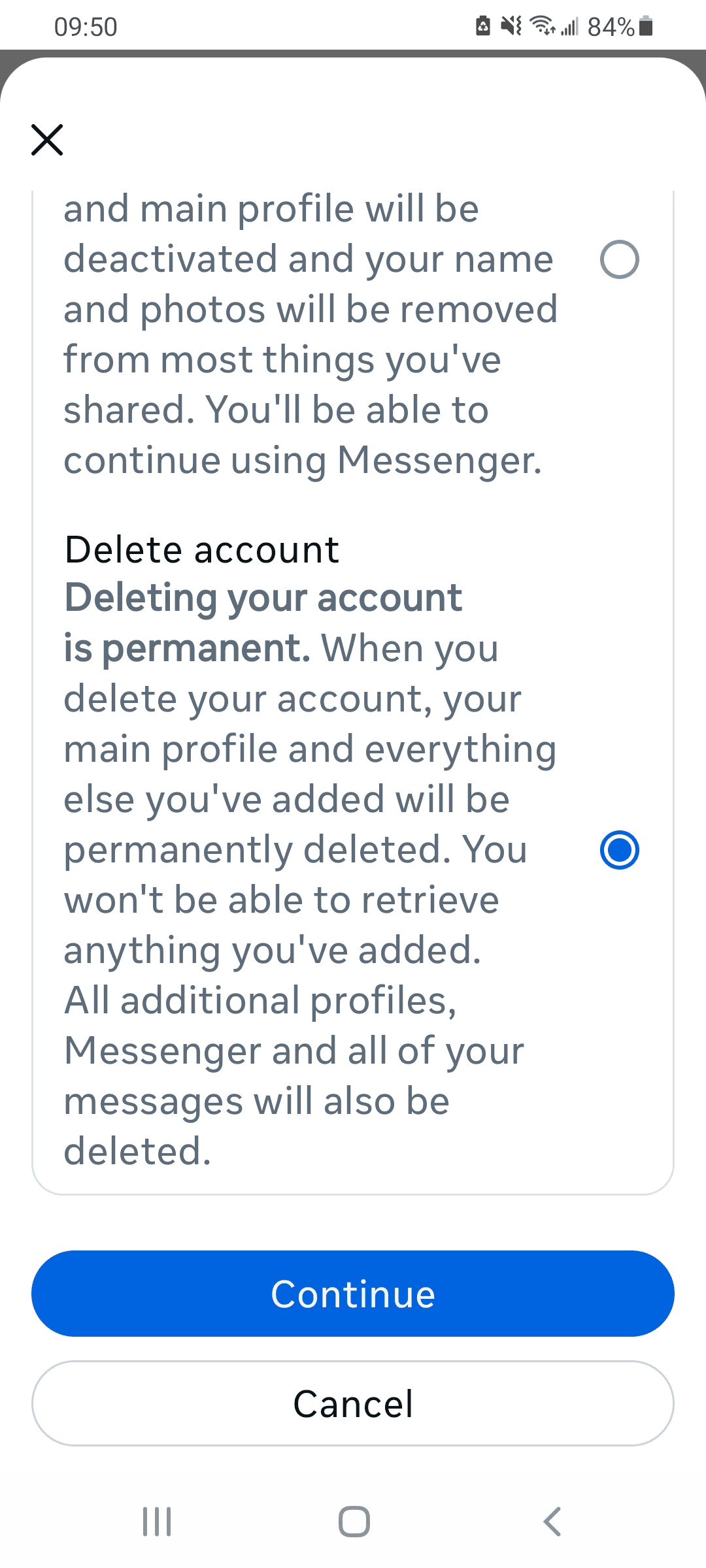 Facebook Android app selection screen for deactivating or deleting your Facebook account.