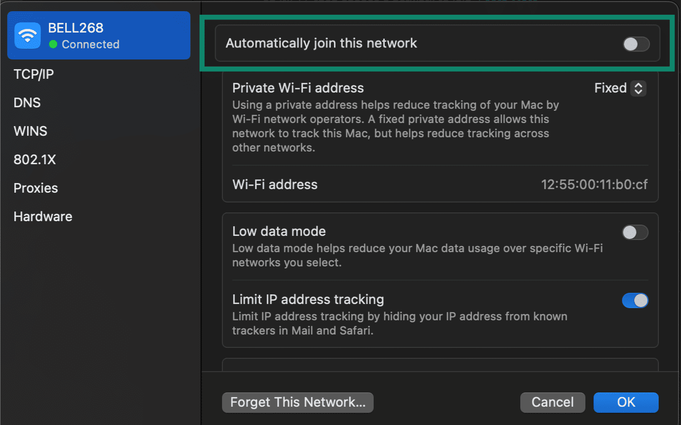 Wi-Fi settings on Mac showing the option to disable "Automatically join this network" for added security.