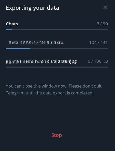 Telegram exporting your data.