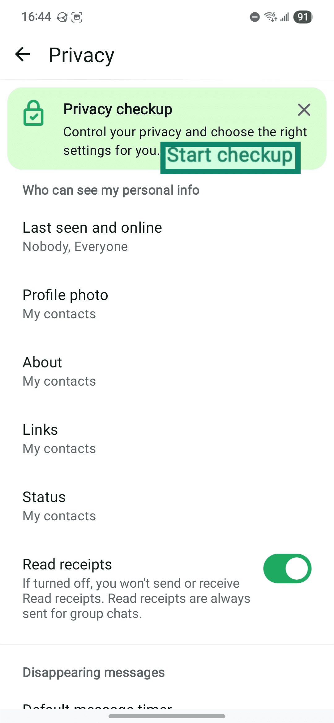 WhatsApp's Privacy checkup menu item.