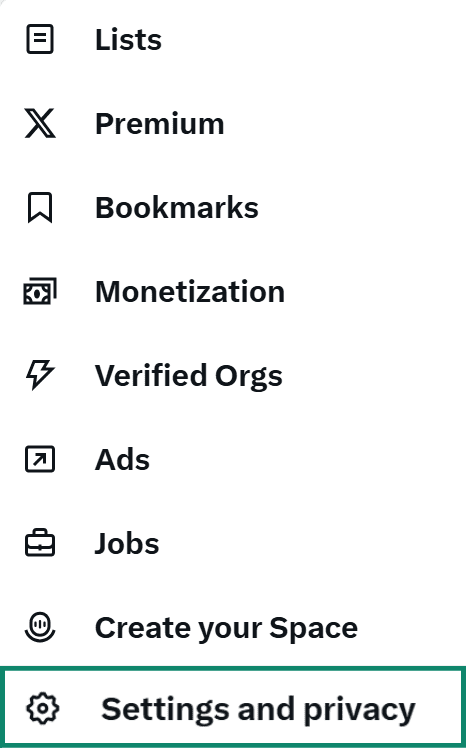 The main navigation menu for the X platform with the 