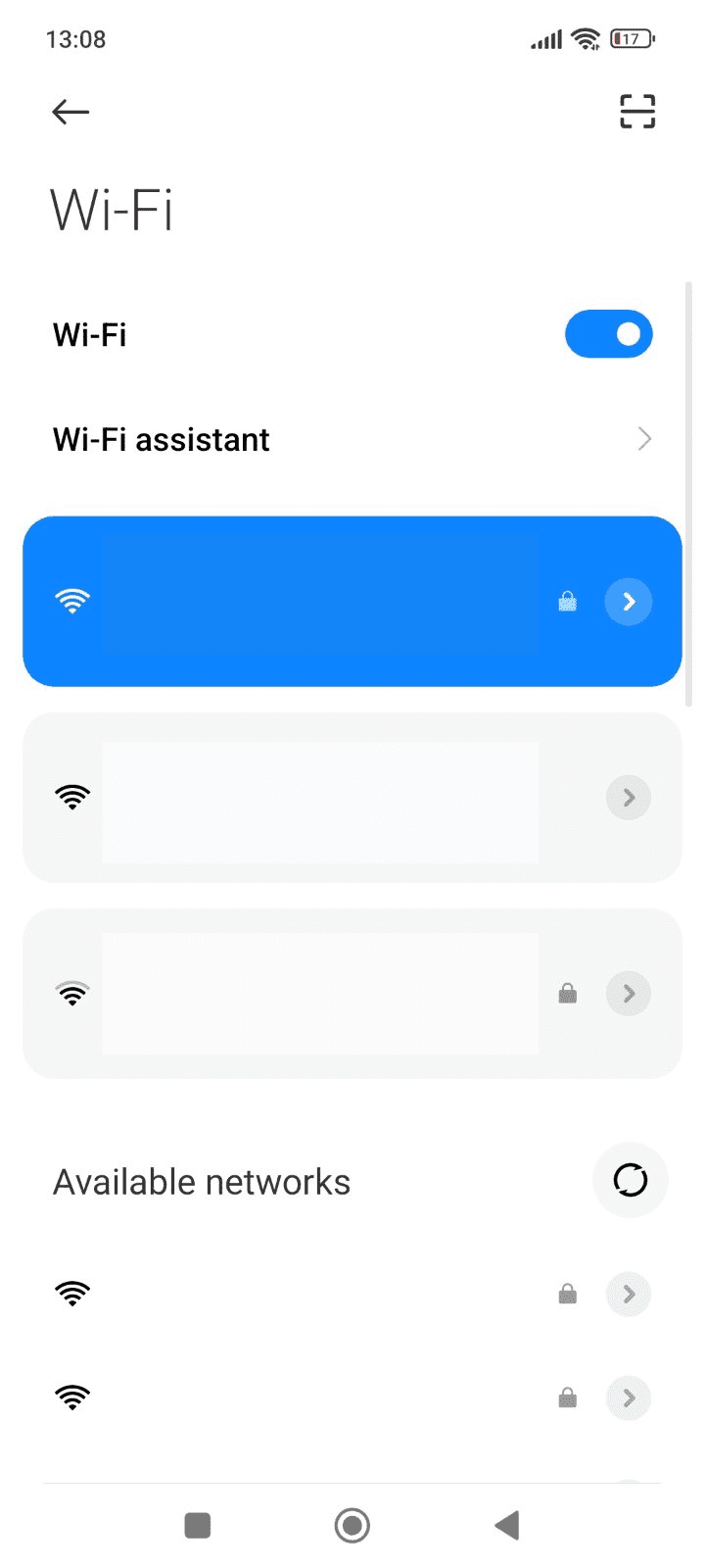 The Wi-Fi screen of the Android Settings menu, showing the list of available networks.