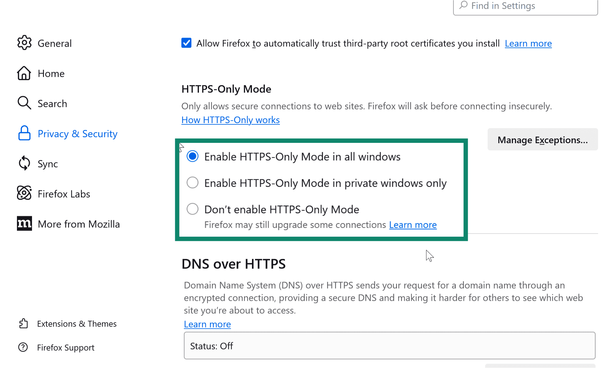 Firefox settings showing HTTPS-Only Mode enabled.