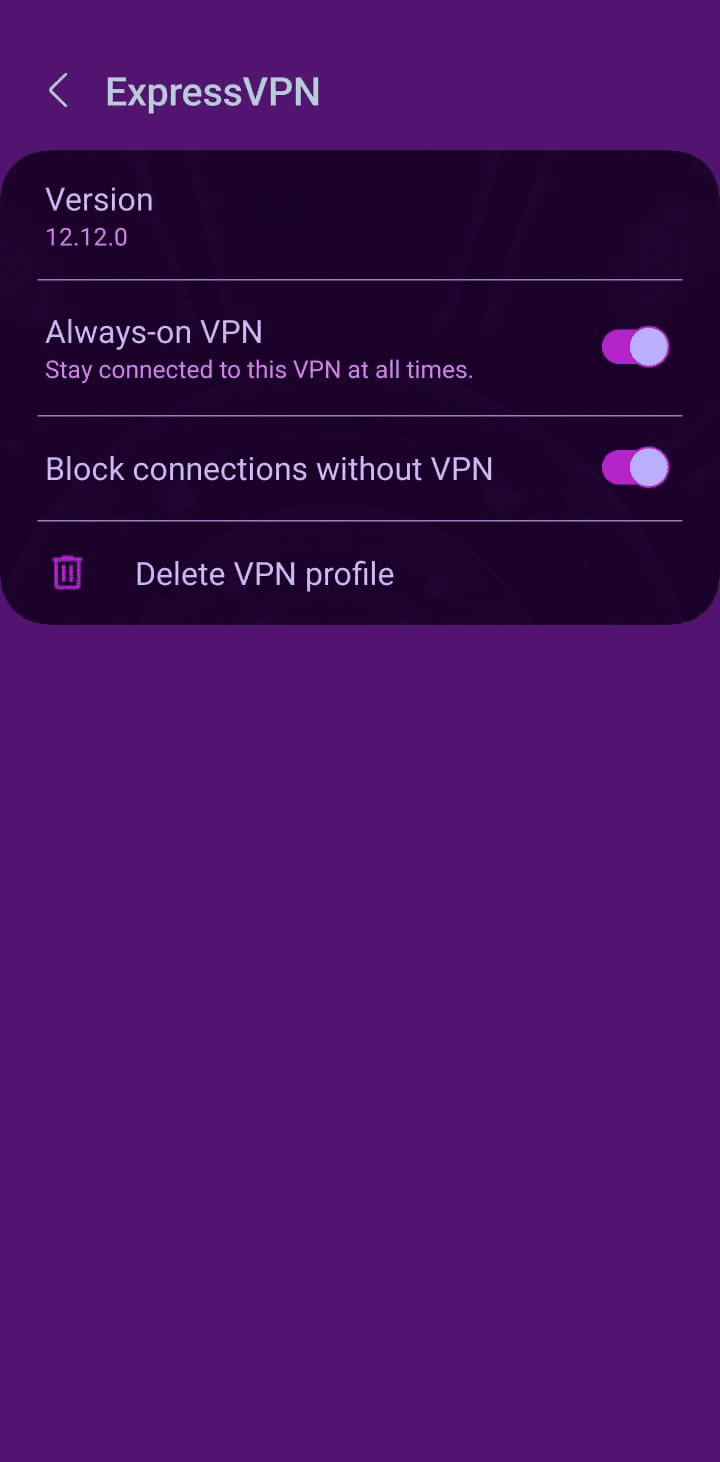 The Android settings page for the ExpressVPN profile with two options shown with toggles: Always-on VPN and Block connections without VPN.