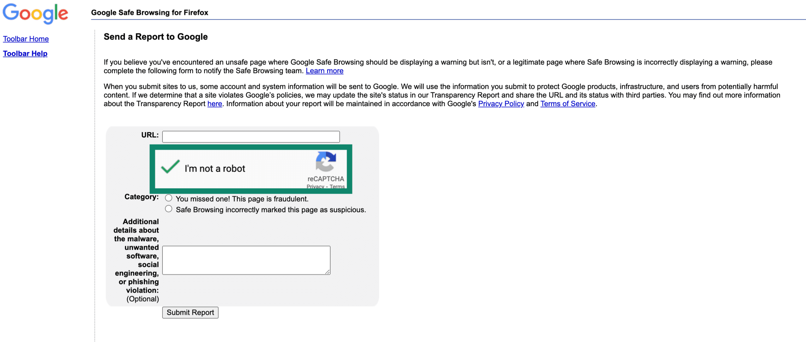 Google Safe Browsing page with I
