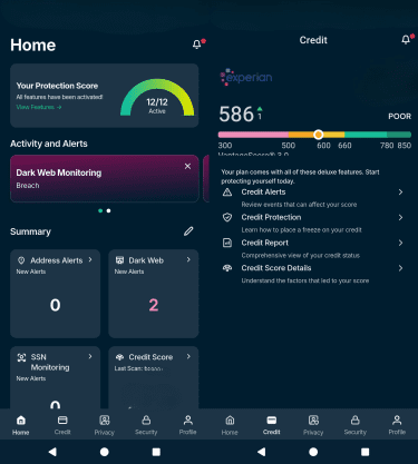 The Identity Defender Credit monitoring service home page.