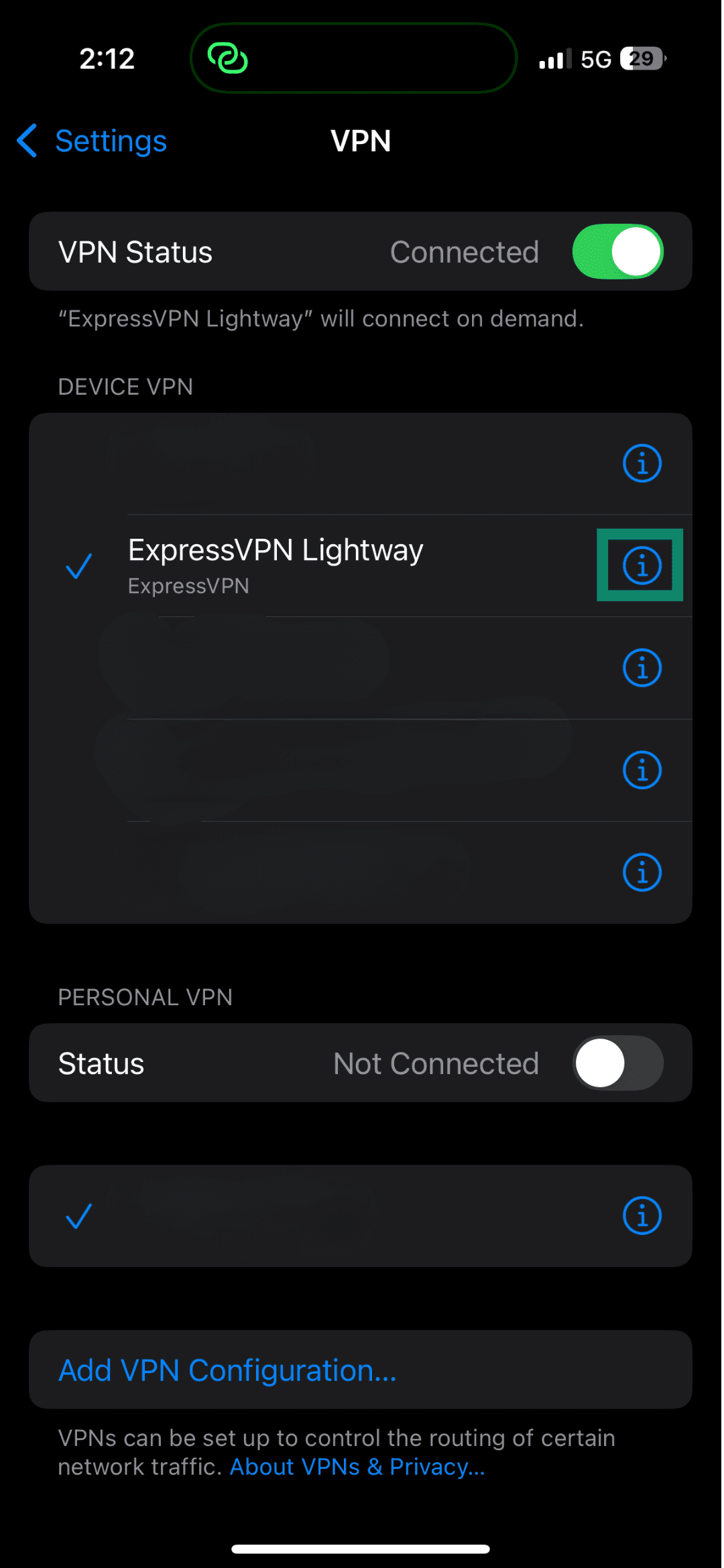 iPhone VPN settings screen showing ExpressVPN Lightway as the active connection.