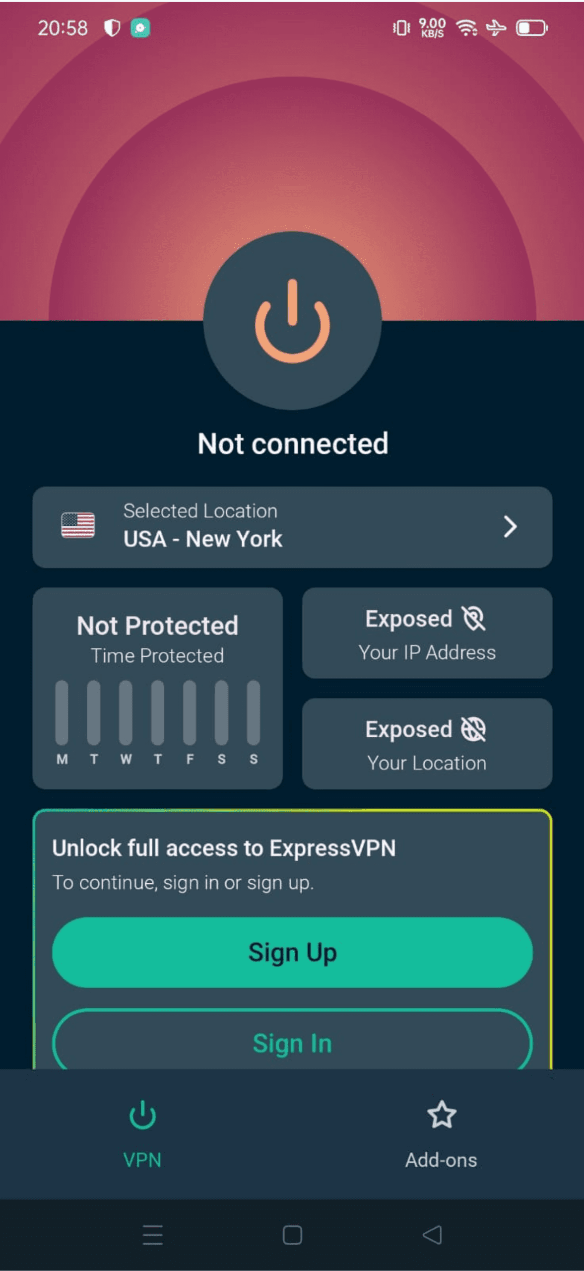 ExpressVPN's Android app with options to sign up or sign in