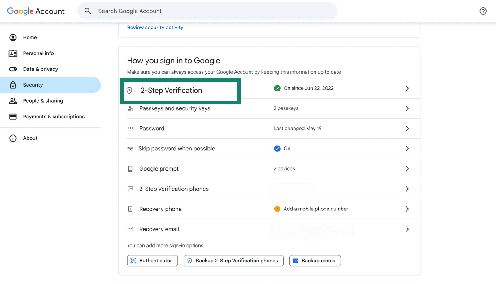 Google Account security settings showing 2-Step Verification as enabled.