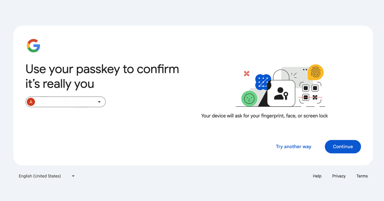 Google passkey verification screen prompting biometric authentication to confirm account access.