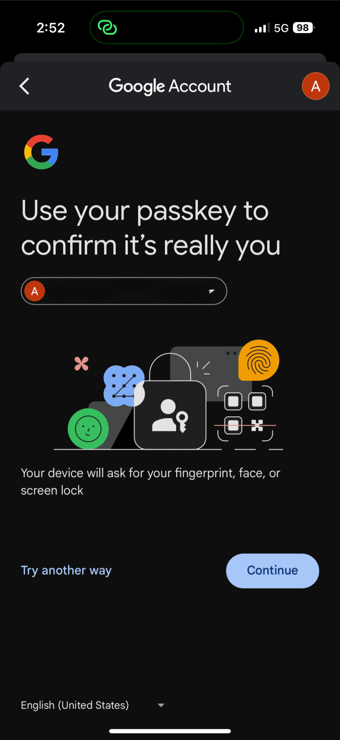 Google passkey screen prompting biometric verification on an iPhone.