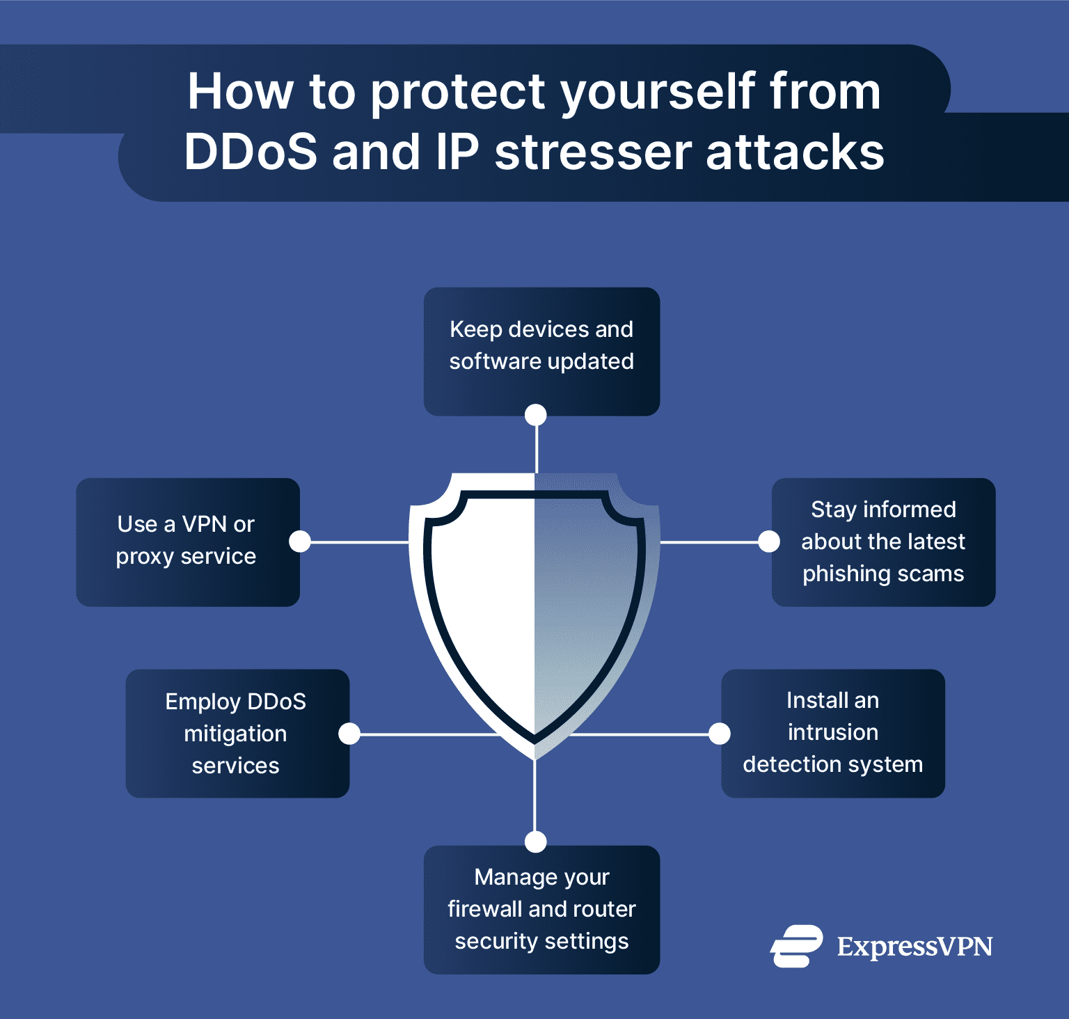 Infographic showing steps to protect yourself from DDoS and IP stresser attacks.