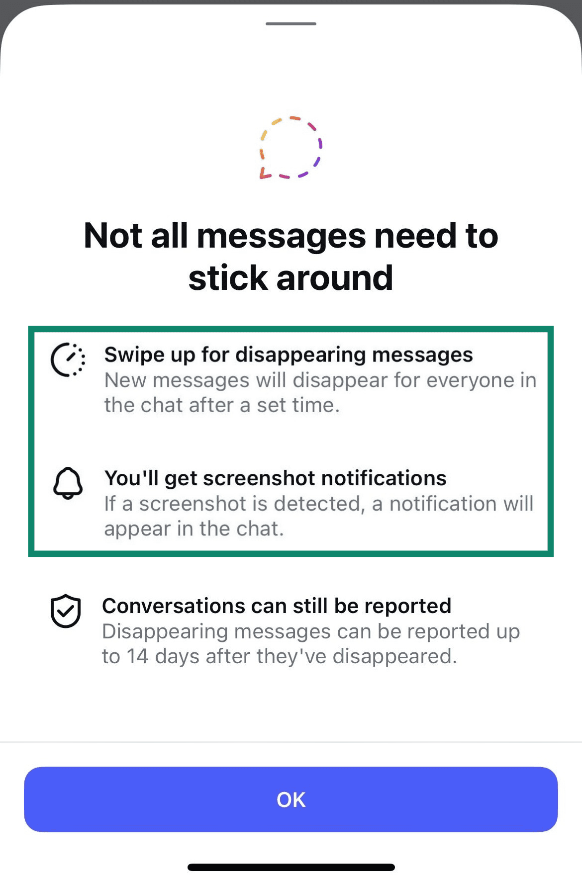 Instagram privacy screen showing disappearing messages parameters after activation.
