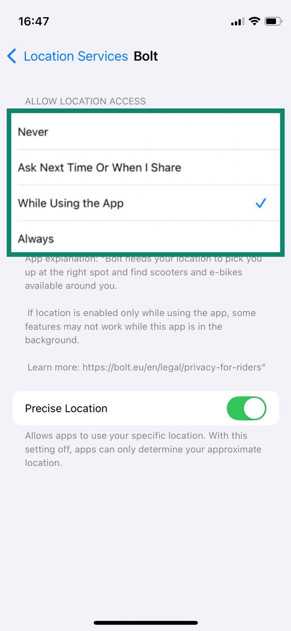 The iPhone Location Services options—Never, Ask Next Time Or When I Share, While Using the App, or Always.