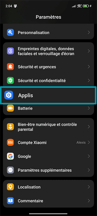 The Settings menu of an Android phone, showing the Apps option.