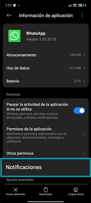 The WhatsApp app settings page in the Android settings app, showing the Notifications button.