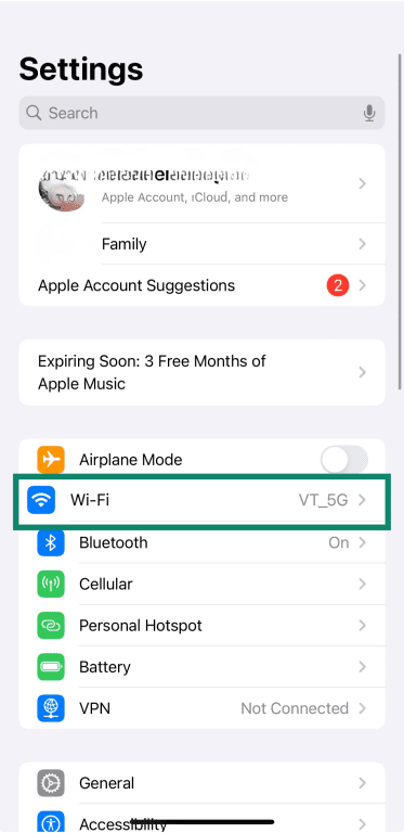iPhone settings screen with Wi Fi highlighted. 