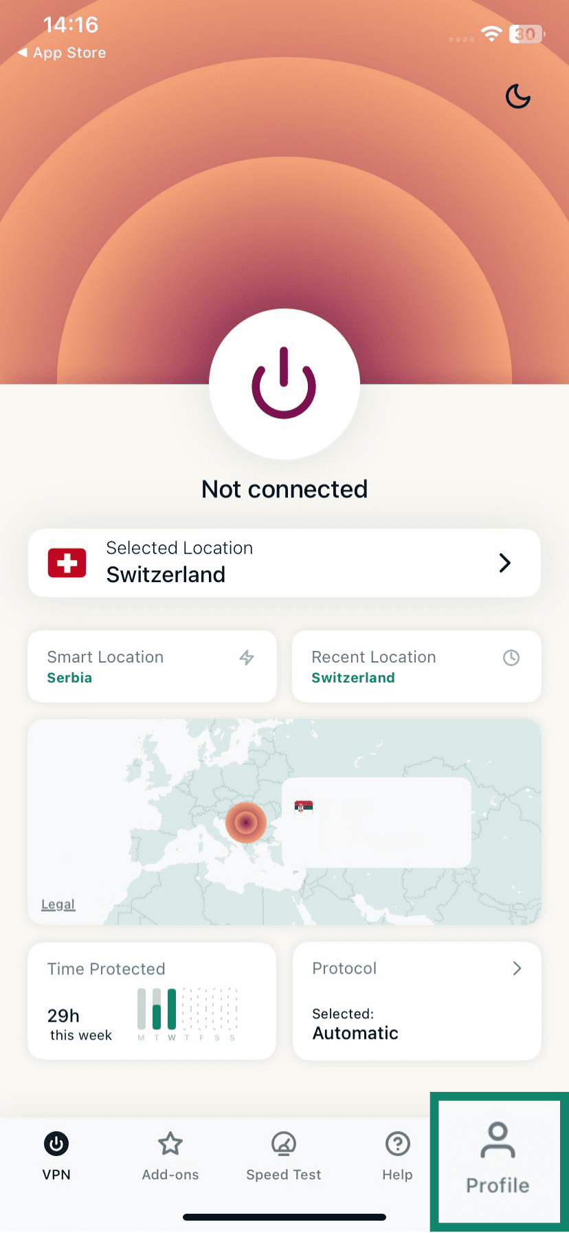 The ExpressVPN iOS app, showing the Profile button.