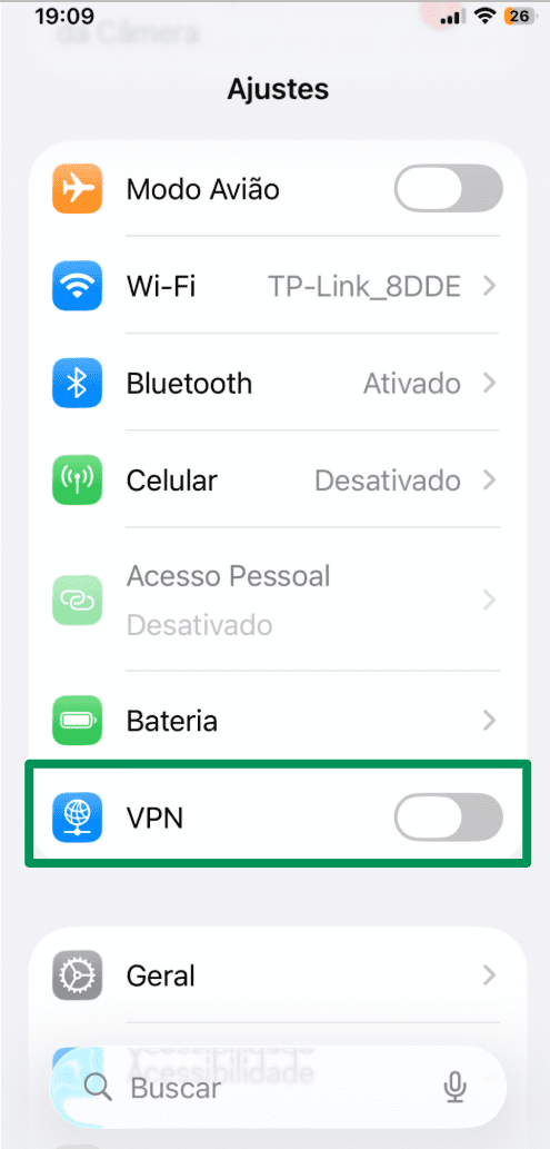 iOS settings menu with the VPN option highlighted