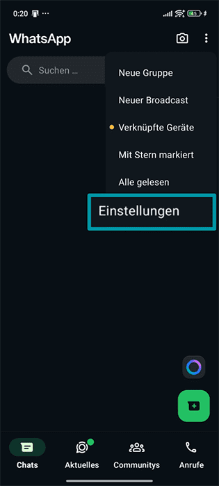 A screenshot of the WhatsApp app, showing the menu and the Settings button.