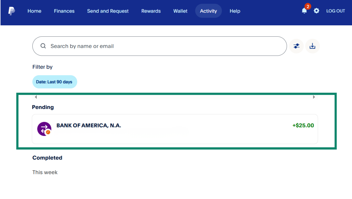 The Pending section in PayPal's Activity tab.