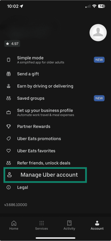 Uber mobile app settings with Manage Uber account highlighted.