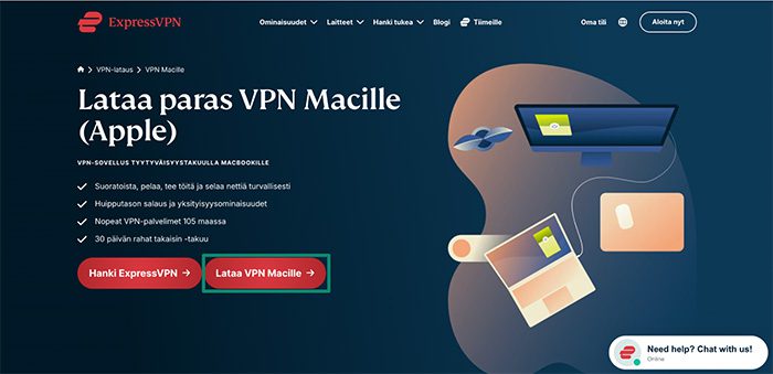 ExpressVPN download page for the Mac app, with a highlighted "Download Mac VPN" button.