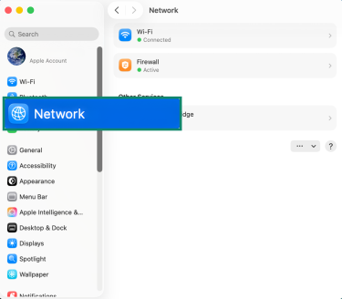 The "Network" option in "System settings "on a Mac highlighted