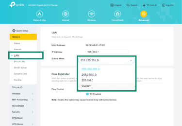 Router settings page showing LAN configuration options for IP address and subnet mask.