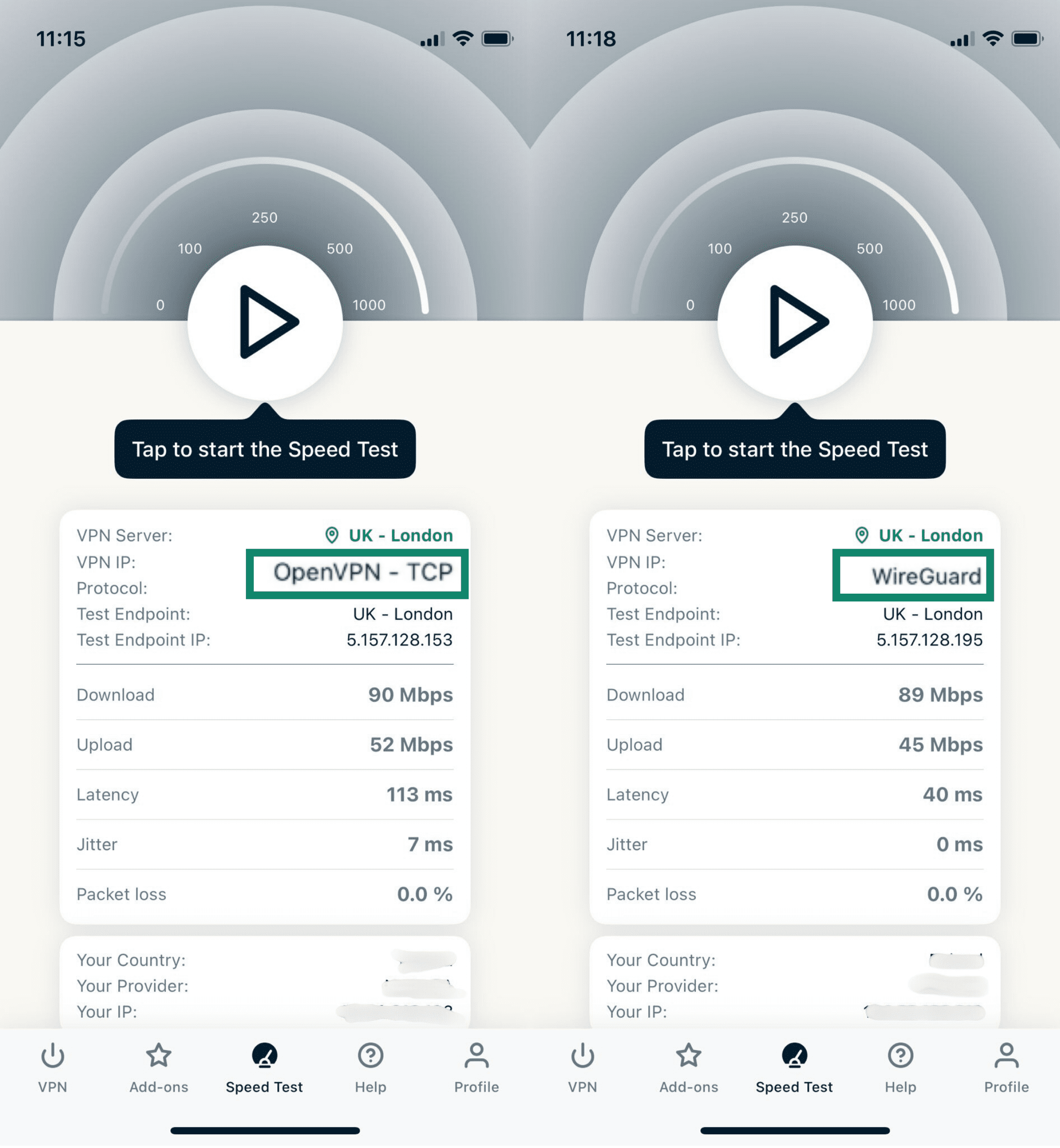 A speed test comparison between the OpenVPN (TCP) and WireGuard protocols using the ExpressVPN app.