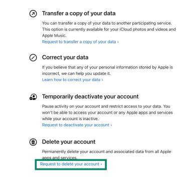 The "Manage your data" section on Apple's Data and Privacy page. The "Delete your account" subsection heading is highlighted.