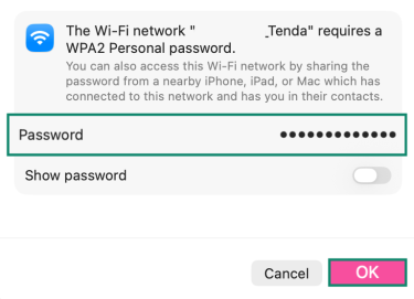 The password pop-up on macOS for logging into a Wi-fi network.