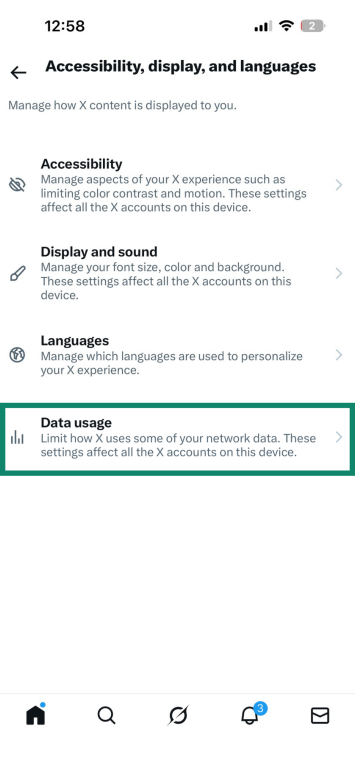 Accessibility, display, and language menu on X, with a highlighted "Data usage" option.