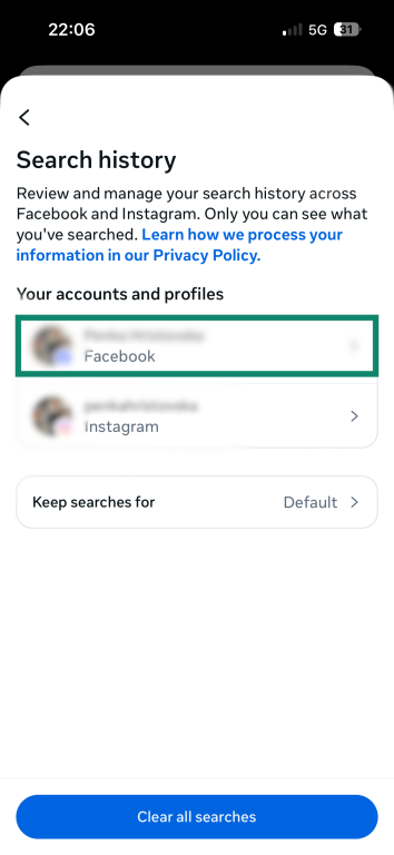 The "Search history" window in the "Accounts Center" menu on the iOS Facebook app, showing a Facebook and an Instagram account. The Facebook account is highlighted.