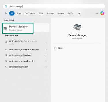 Windows search showing Device Manager result.