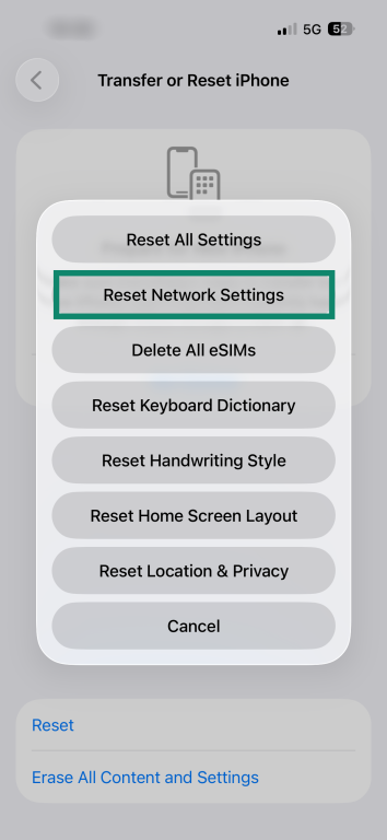 The "Reset' pop-up menu on the "Transfer or Reset iPhone" page on an iPhone. The "Reset Network Settings" button is enlarged and highlighted.