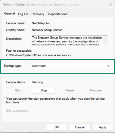 Network Setup Service Properties window with Startup type set to Automatic highlighted