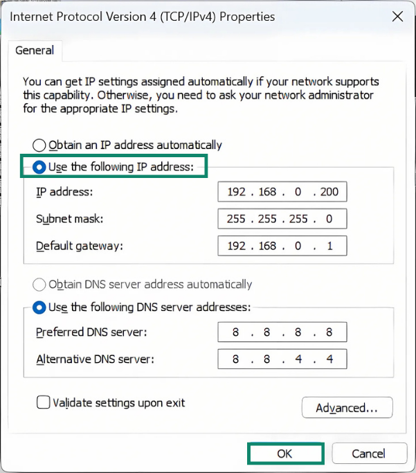 IPv4 settings window with blank IP fields.