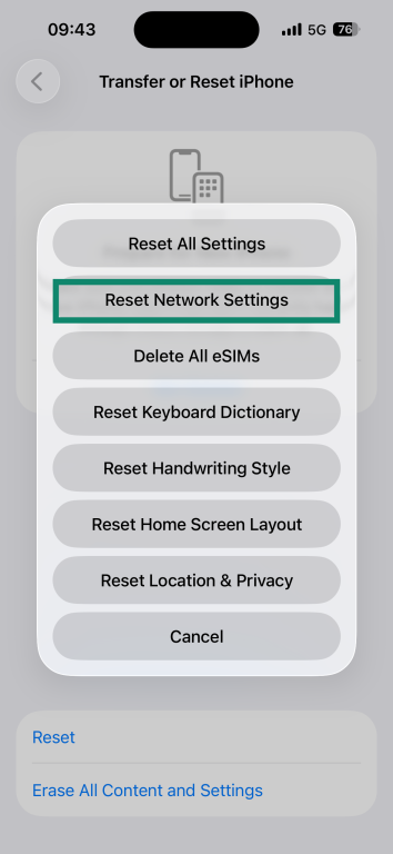 The "Reset Network Settings" option highlighted in the Transfer or Reset iPhone menu.