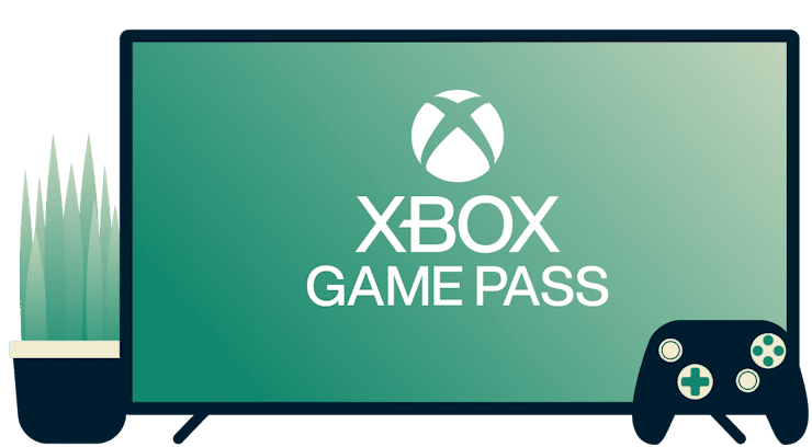 Skærm med Xbox Game Pass-logo, controller og plante