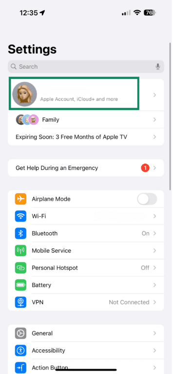 Go to Settings and tap your name on iPhone.