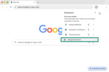 Accessing the option to manage extensions on Chrome.