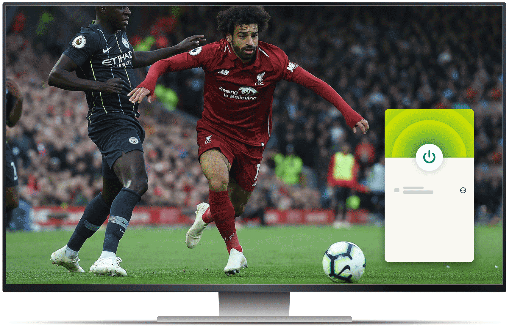 Computerskærm med beIN Sports fodboldstream og VPN-app.