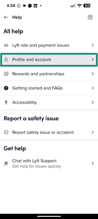 Lyft Profile and account tab in the Help menu.