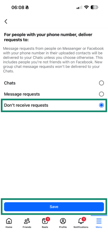 Disallowing others to send you message requests using Facebook's mobile settings menu.