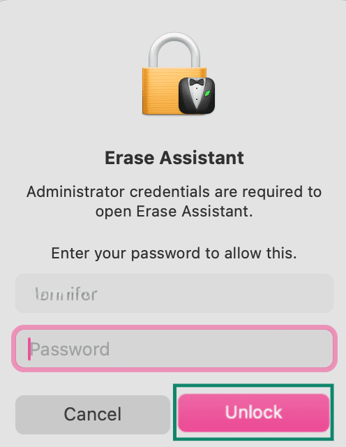 Erase Assistant dialog prompting for administrator password with Unlock button highlighted