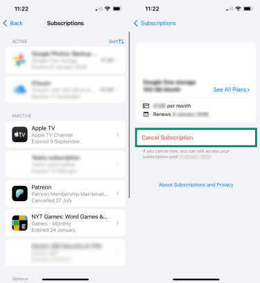 Screenshots of iOS subscription settings, highlighting the option to cancel a subscription.