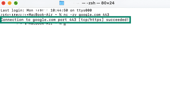 Succeeded results for how to check port availability via the Terminal on macOS.