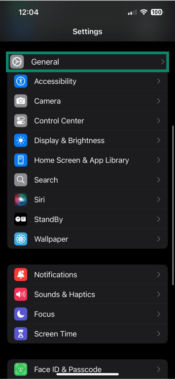 iPhone showing the settings menu with "General" highlighted.