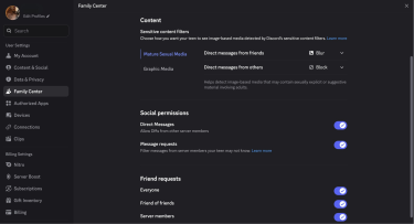 Adjusting content filters and social permissions on a child's device through a connected parent account on Discord.